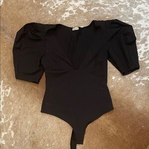 Free People Black Puff Sleeve Bodysuit